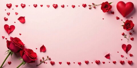 Romantic Floral Frame with Scattered Hearts and Rosebuds on a Pink Background