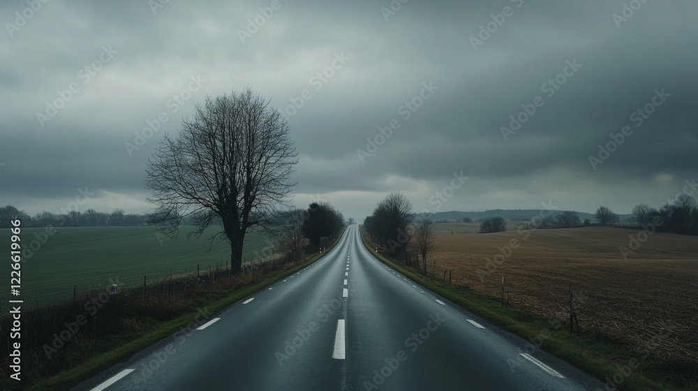 Poster A panoramic view of a motorway cutting through a rural area, bordered by fields and trees under a cloudy sky.