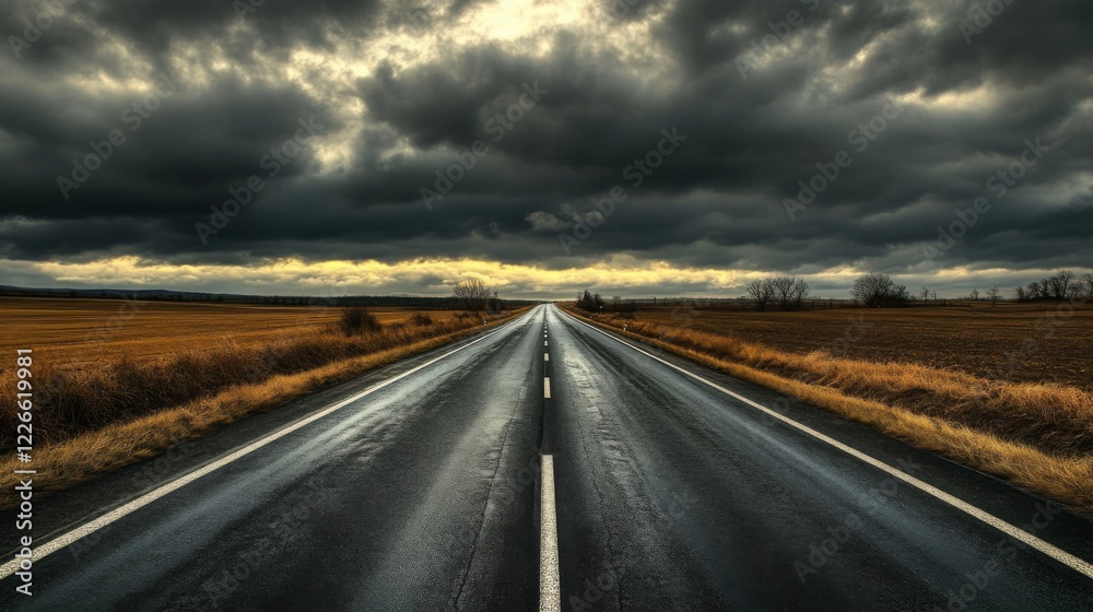Poster a panoramic view of a motorway cutting through a rural area, bordered by fields and trees under a cl