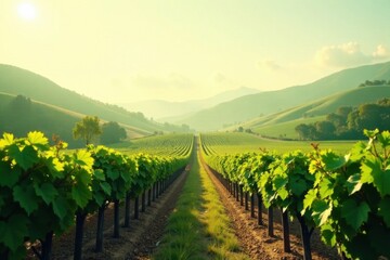 Serene vineyard landscape bathed in the warm glow of morning sunlight, rolling hills extending to a hazy horizon, promising a bountiful harvest