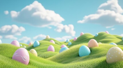 Colorful easter eggs on grassy hills