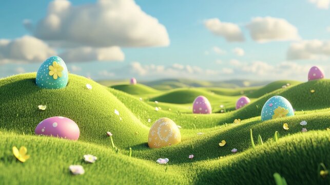 Colorful easter eggs on grassy hills