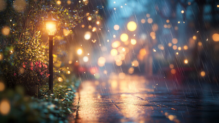 Rainy Night Street Lamp Light Bokeh Background Peaceful Urban Scene Soft Rain Romantic Evening wet  