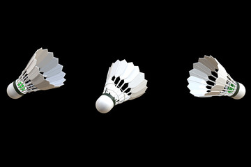 Badminton shuttlecock floating on the side 3D Render isolated on black background, with Clipping path, 3D rendering
