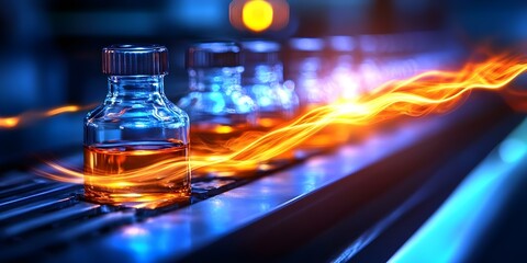 Bottles of liquid on a conveyor belt, with a vibrant swirl of light suggesting movement or energy in a production setting. Concept Production Line Efficiency, Dynamic Conveyor Systems