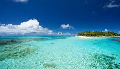 Fototapeta premium Beautiful tropical beach with palm trees, sunset beach seascape, design template for travel banner.