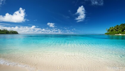 Fototapeta premium Beautiful tropical beach with palm trees, sunset beach seascape, design template for travel banner.