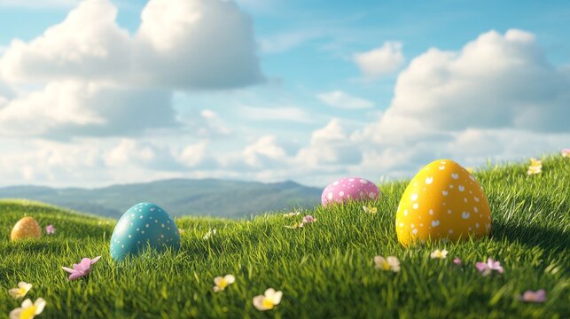 Colorful easter eggs on grassy hills