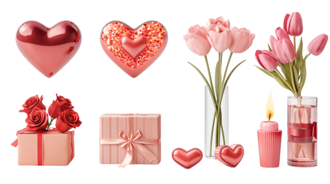 Collection of  Valentine's Day icons. chocolate, gifts, wine, candles, ribbons, heart icons, greeting letters, flower bouquets, rings, dolls, gift boxes, love arrows, love bird. transparent background