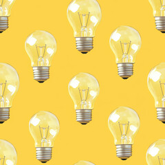 Seamless pattern of light bulbs on bright yellow background, creating cheerful vibe