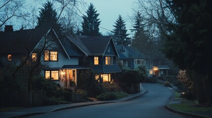A serene evening shot of twin houses with warm lights glowing from the windows and a calm street lined with trees.