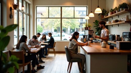 Obraz premium A group of young adults enjoys coffee and conversation in a bright, modern cafe setting; the barista prepares drinks at the counter