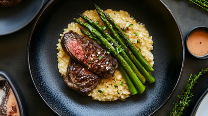 Gourmet Valentine dinner featuring steak, creamy risotto and asparagus served in a refined modern fine-dining restaurant