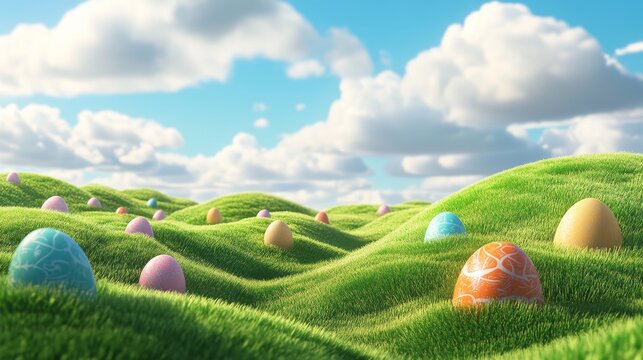 Colorful easter eggs on grassy hills