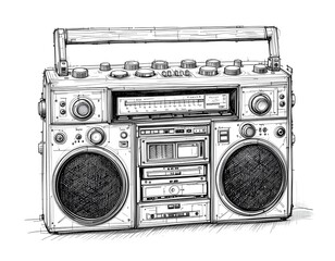 technical drawing schematic illustration of a vintage fictional unbranded radio, cassette player, ghetto blaster, boombox.  line art, mechanical drawing, engineering sketch, vintage sound, retro music