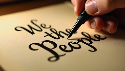 Handwriting "We the People" in calligraphy on parchment paper.