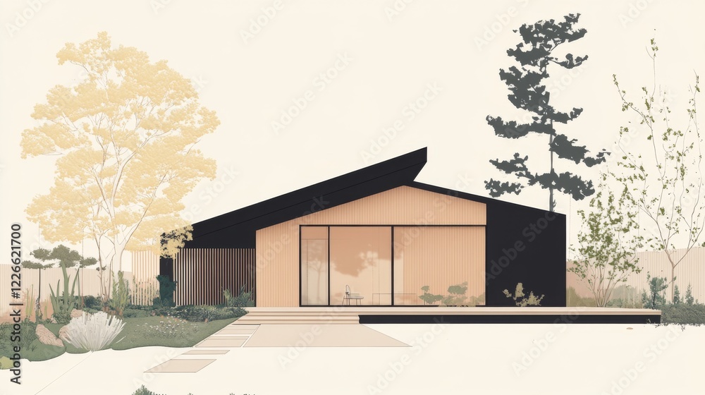 Poster a side view of a minimalist house with simple geometric lines, a small garden, and natural landscapi