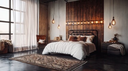 A warm and inviting loft-style bedroom with vintage-industrial decor elements