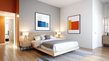 Modern bedroom design urban apartment interior photography contemporary style wide angle minimalist aesthetic