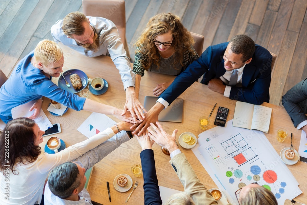 Poster Diverse team in a meeting room, hands together in unity. Business meeting with teamwork, collaboration, and unity. Office setting with diverse professionals. Business people in teamwork stacking hands