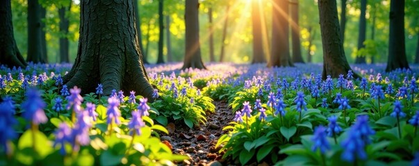 Obraz premium Forest floor carpeted with bluebells under sunlight filtering through trees, foliage, , bloom