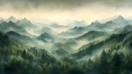 Obraz premium Misty Mountain Forest Sunrise Landscape