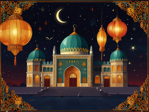 An illustration of a mosque at night, with a crescent moon, lanterns and stars.