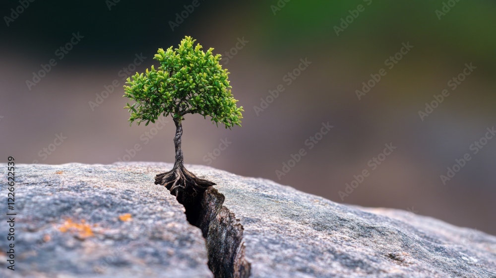 Poster a small tree emerging from a crack in a rock, symbolizing resilience and strength in nature.