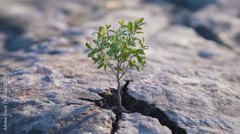 Poster a small tree emerging from a crack in a rock, symbolizing resilience and strength in nature.