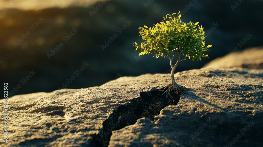 Poster a small tree emerging from a crack in a rock, symbolizing resilience and strength in nature.