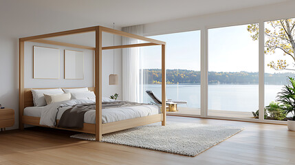 Modern bedroom with scenic lake view contemporary design minimalist aesthetics natural light tranquil environment