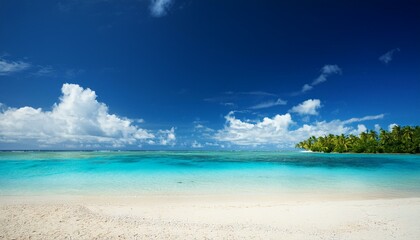 Fototapeta premium Beautiful tropical beach with palm trees, sunset beach seascape, design template for travel banner.