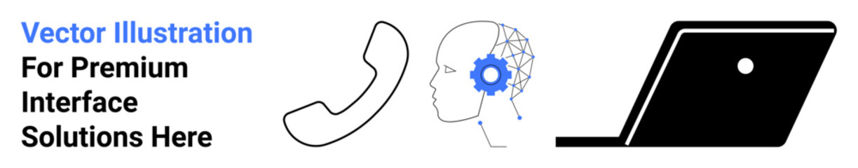 Phone receiver, human head with AI gear, and modern laptop icon. Ideal for tech services, AI development, remote work, communication systems, innovation software support. Abstract line flat metaphor