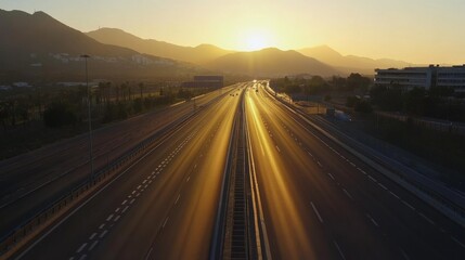 Obraz premium A smooth, empty motorway at sunrise, with golden light reflecting off the asphalt and distant mountains.