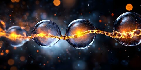 A series of illuminated spheres connected by glowing threads, set against a dark, vibrant background with sparkling elements. Concept Illuminated Spheres, Glowing Threads, Dark Vibrant Background