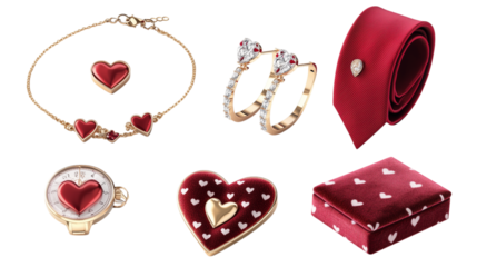 Collection of  Valentine's day gift concept, anniversary celebration. watches, necklaces, rings, dolls in red, gold, pink. on transparent background