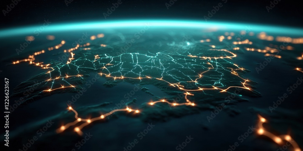 Aufkleber clean energy wind marketing concept. illuminated network map of a region viewed from space, showcasi