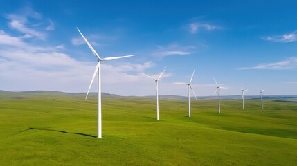 clean energy wind marketing concept. Wind turbines on a green landscape under a clear blue sky.