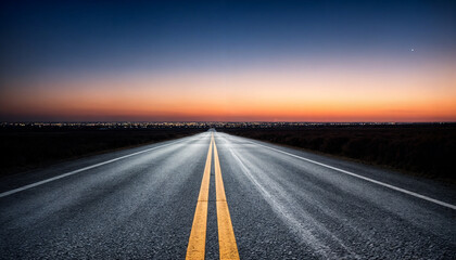 Naklejka premium A mesmerizing open highway stretching into the horizon at twilight, with a glowing sunset sky and a tranquil atmosphere.