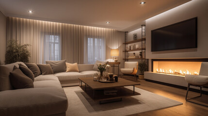 Modern Living Room Interior Design Cozy Fireplace Evening Relaxation Home Decor Sofa Warm Beige     