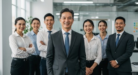 Successful business team standing together in office smiling
