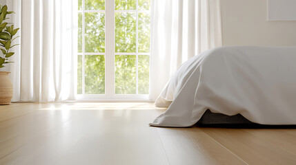Sunlit bedroom interior modern home photography cozy environment low angle serenity and relaxation