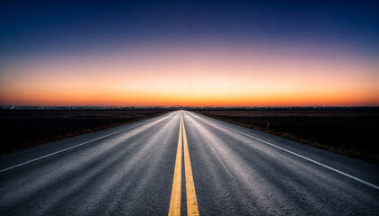 Fototapeta premium A mesmerizing open highway stretching into the horizon at twilight, with a glowing sunset sky and a tranquil atmosphere.