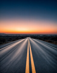 Naklejka premium A mesmerizing open highway stretching into the horizon at twilight, with a glowing sunset sky and a tranquil atmosphere.