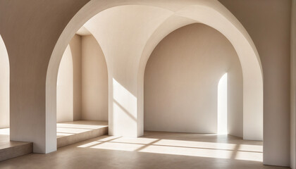 Fototapeta premium A beautifully composed architectural space featuring arched corridors, soft neutral tones, and natural light, evoking timeless elegance and refined simplicity.