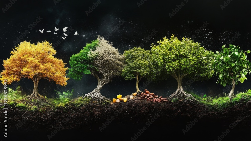 Poster A time-lapse-inspired image showing different growth stages of a tree from seed to maturity on a split-screen.