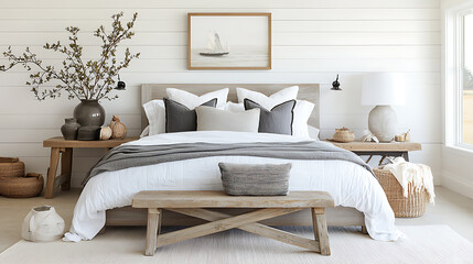 Fototapeta premium Elegant bedroom design inspiration modern home interior decor bright environment cozy viewpoint tranquil concept