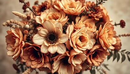 Delicate autumnal bouquet of brown and beige flowers