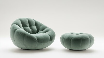 Plush lounge light green chair and footstool, circle shape, the base of the lounge chair and footstool is a metal five-star foot