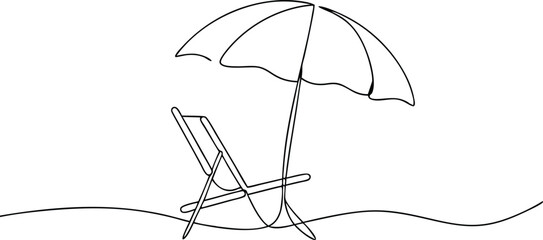 Continuous One Line Drawing Illustration Of Beach Sunbed And Umbrella In Editable Stroke Style